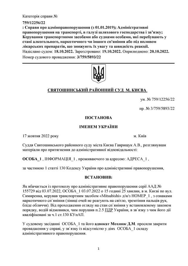 рішення суду про закриття справи за ч.1 ст. 130 статті Святошинський суд стр. 1