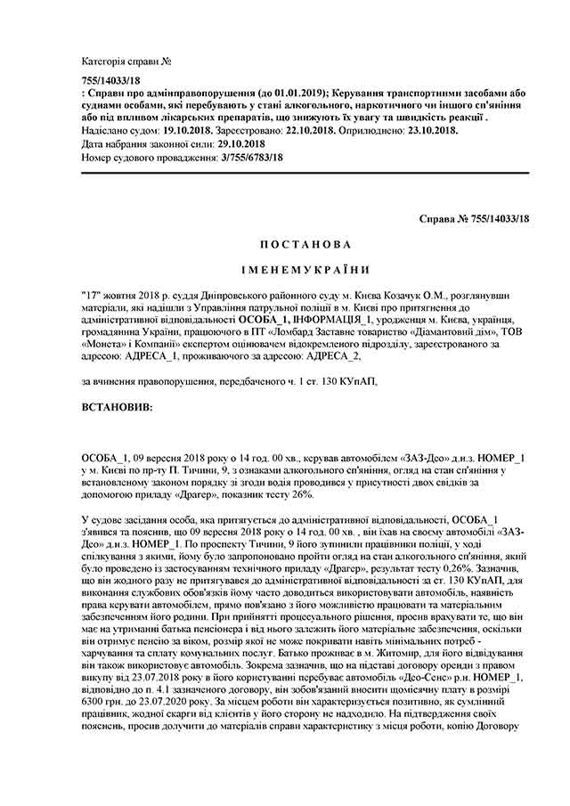 постановление Днепровского суда по ст. 130 стр.1